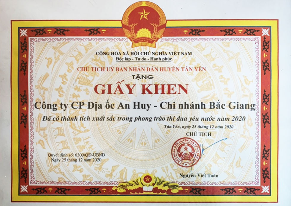 Giấy Khen UBND Huyện Tân Yên